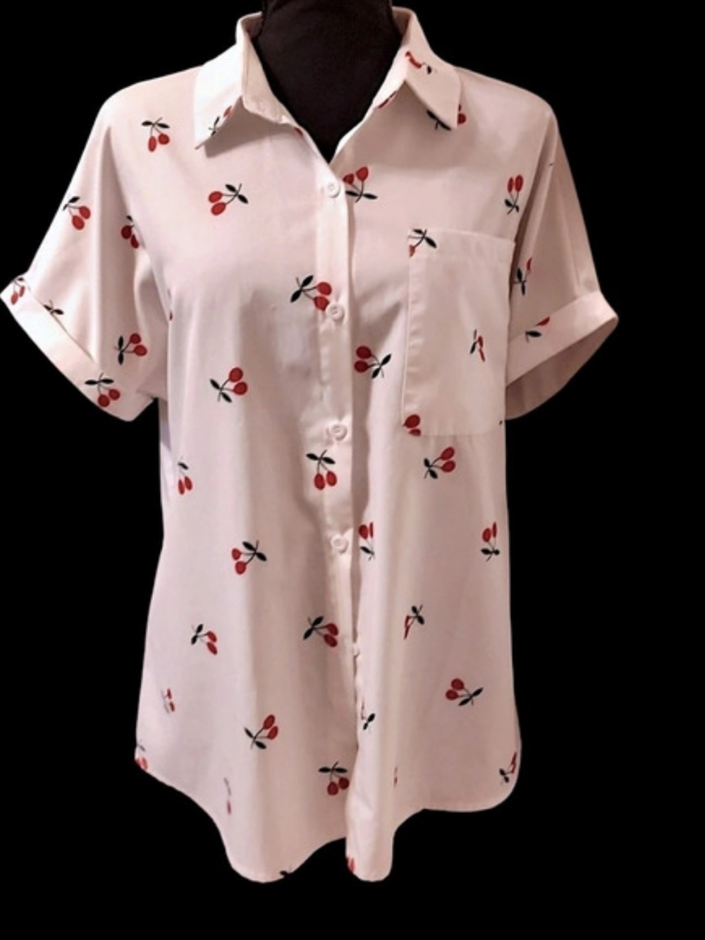 Cherry Print Button Down Shirt in White Size Medium